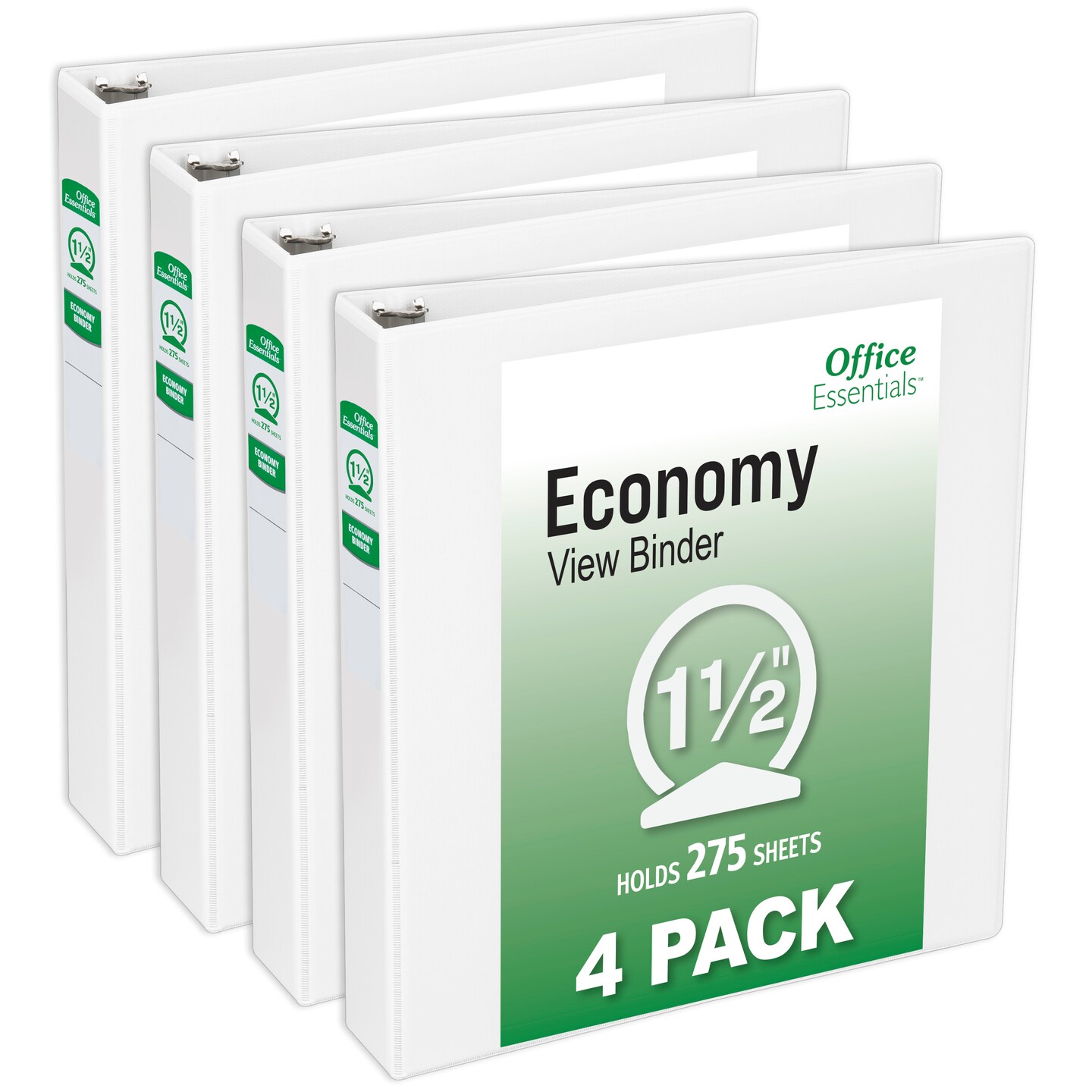 Office Essentials Economy View 3 Ring Binders, 1.5" Round Rings, 2.1" Spine, 275-Sheet Capacity, White Binders (4-Pack of 03128)