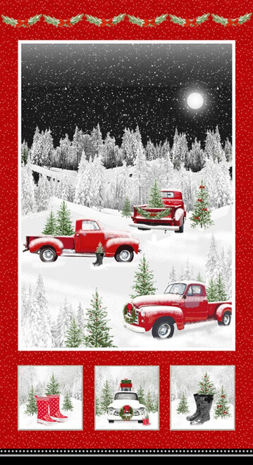 The Tradition Continues II - 24" Panel Trucks in the Forest Cotton Fabric by the Panel