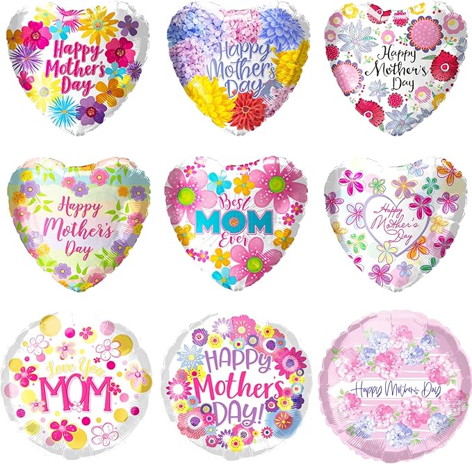 Mothers Day Balloons Kit 18'' Happy Mother’s Day Foil Balloons Flower Aluminum Balloons Set for Mothers Day Party Decoration Birthday Holiday Celebration Supplies (9Pcs)