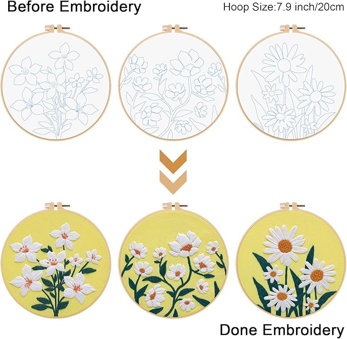 3 Sets Floral Embroidery Kits for Beginners – Cross Stitch & Needlepoint DIY Starter Kit for Adults – Includes Hoops, Threads & Step-by-Step Instructions