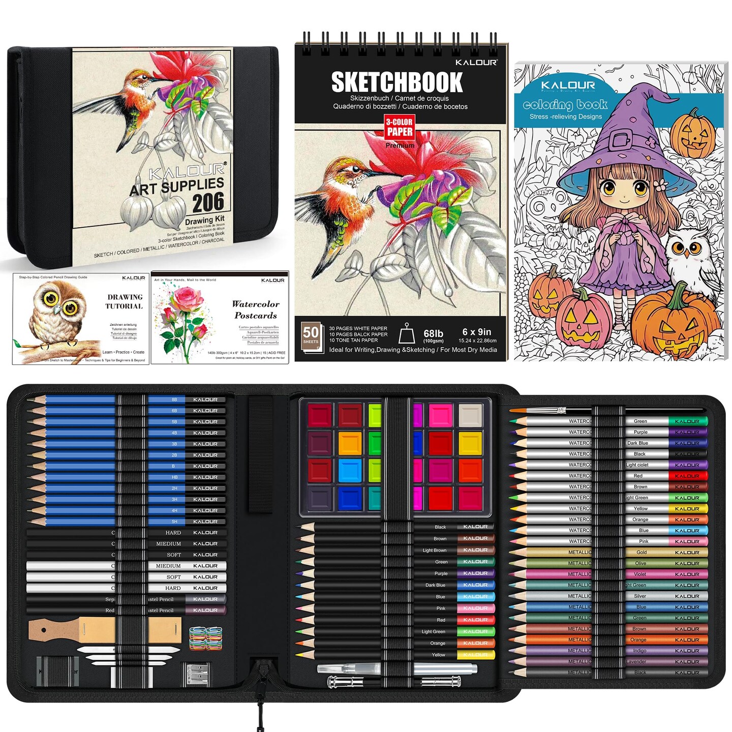 206 Drawing Set Sketching Kit,Art Supplies with 3-color Sketchbook & Coloring Paper,Include Tutorial, Colored, Graphite, Charcoal, Watercolor & Metallic Pencil,for Artists Adults Teens Beginner