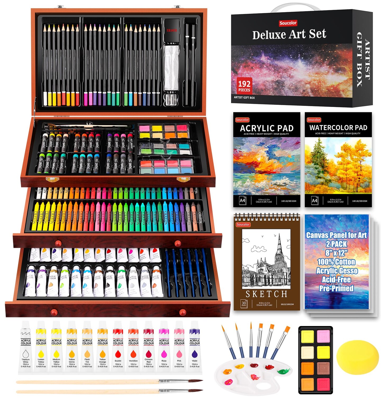 Art Supplies, 192-Pack Deluxe Art Set Drawing Painting Supplies Kit with Acrylic Pad, Watercolor Pad, Sketch Book, Canvases, Acrylic Paint, Crayons, Pencils, Gifts for Artist Adults Teen Kids