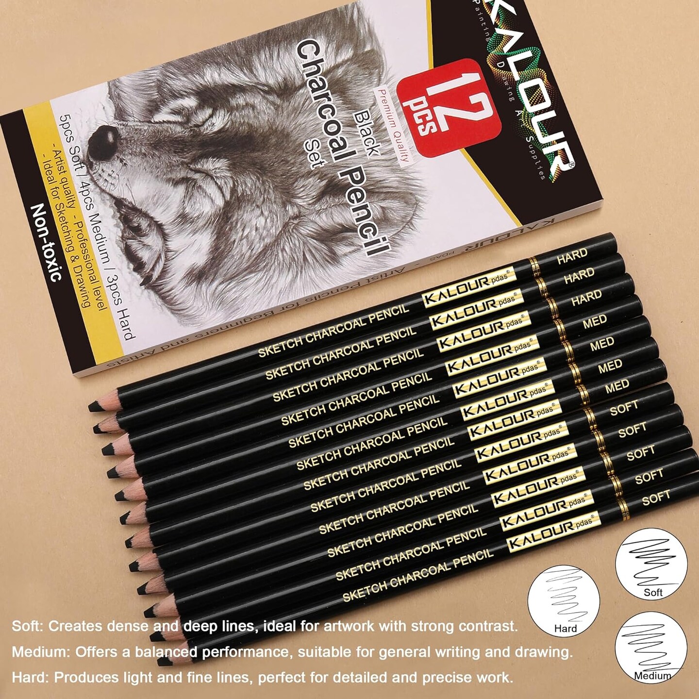 Professional Charcoal Pencil Set – 12 Pieces of Soft, Medium, and Hard Pencils for Drawing, Sketching, Shading, for Beginners & Artists
