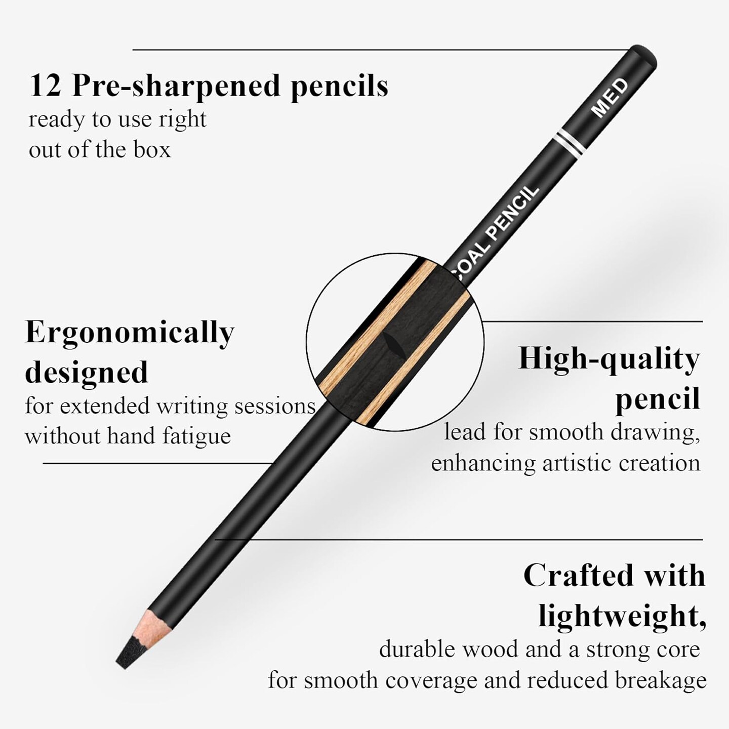 Set of 12, Charcoal Drawing Pencils