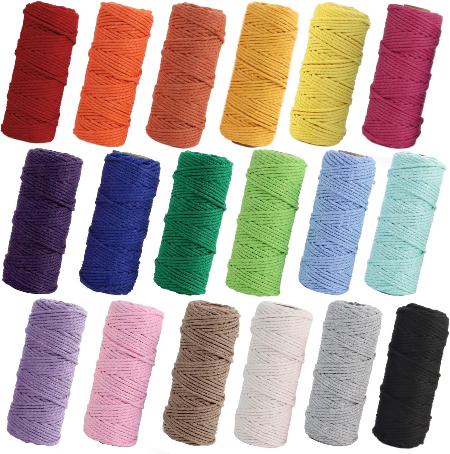 Macrame Cord 2mm x 590 Yards – 18 Rolls Natural Cotton Twine, 3-Strand Soft Rope for DIY Knitting, Knotting, Macrame, and Craft Projects, Assorted Colors