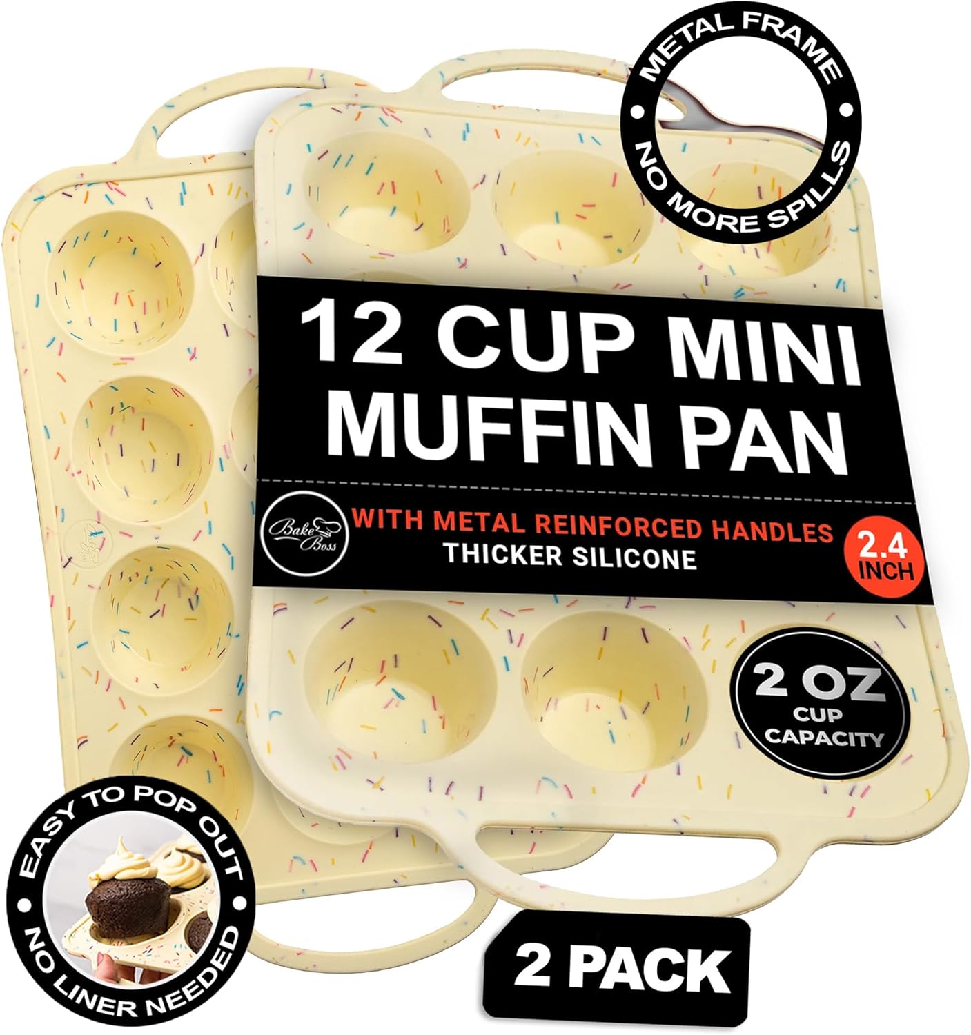 Silicone Mini Muffin Pan With Handles 2 Pack, 12 Cups Mini Cupcake Pan, Silicone Muffin Cups For Baking, Eggs &#x26; Cupcakes, Non-Stick Molds Dishwasher Safe &#x26; BPA Free - Confetti