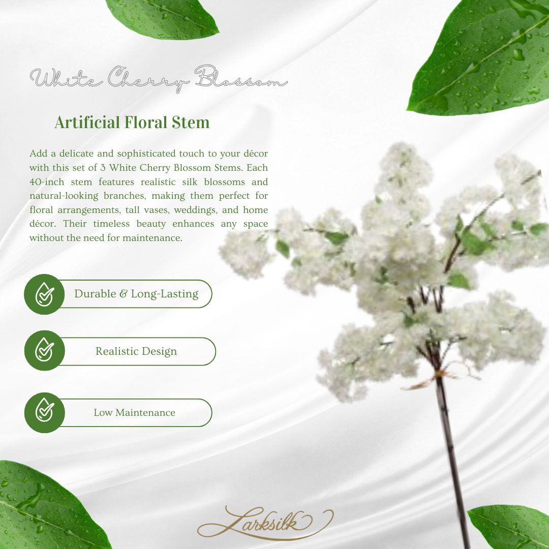 White Cherry Blossom Stem - Set of 3, 40-Inch, Realistic Silk Flowers for Floral Arrangements &#x26; Home Decor by Floral Home&#xAE;