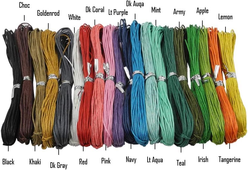 20 Colors 1mm Jewelry Making Beading Crafting Macrame Waxed Cotton Cord Thread with 200 Silver Metal Beads, 10 Yards Each Color