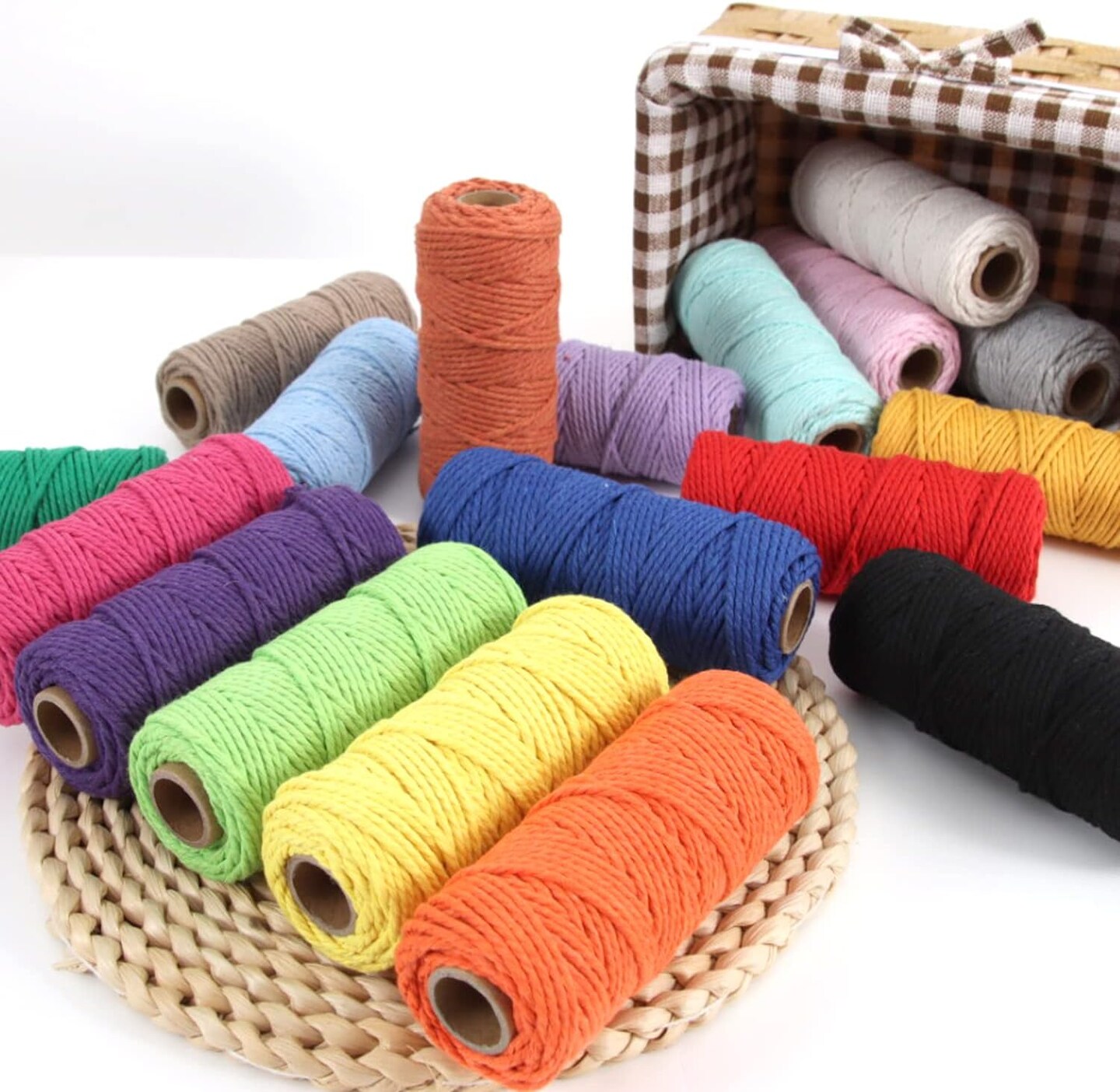 Macrame Cord 2mm x 590 Yards – 18 Rolls Natural Cotton Twine, 3-Strand Soft Rope for DIY Knitting, Knotting, Macrame, and Craft Projects, Assorted Colors