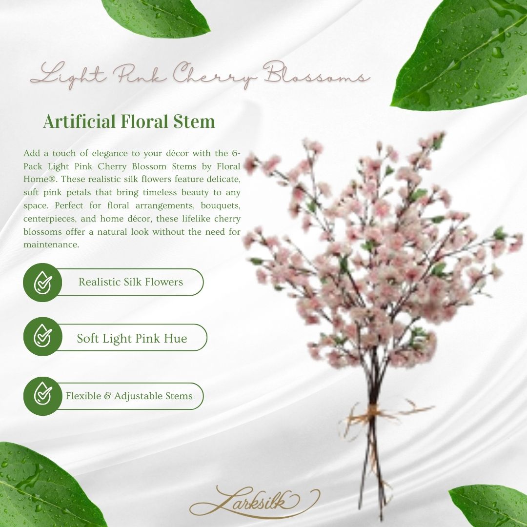 6-Pack Light Pink Cherry Blossom Stems - Realistic Silk Flowers for Floral Arrangements, Bouquets & Home Decor by Floral Home®