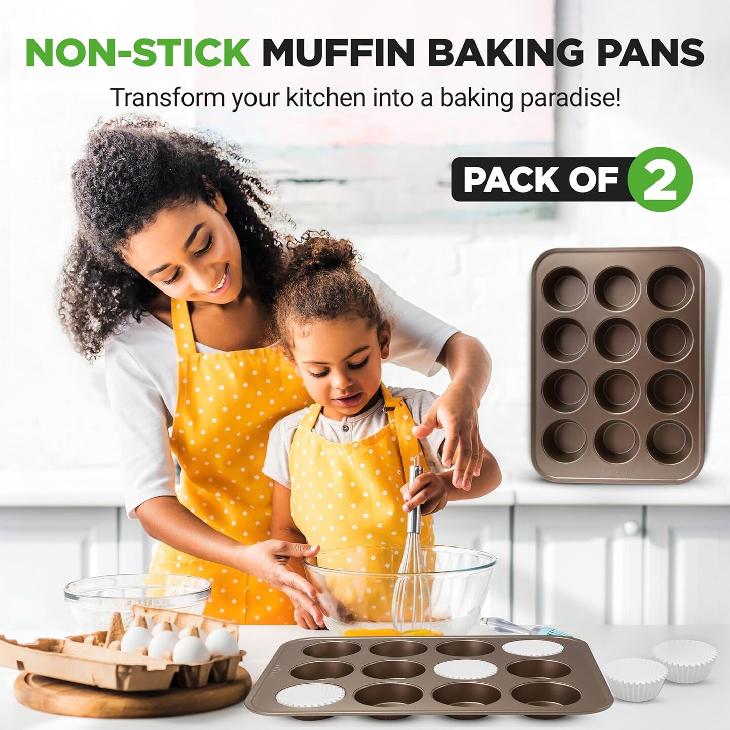 Muffin Pans for Baking, Nonstick 2-Piece Cupcake Tin w/ 12-Cups, Carbon Steel Stackable Cup Cake Tray, Dishwasher Safe - Gold