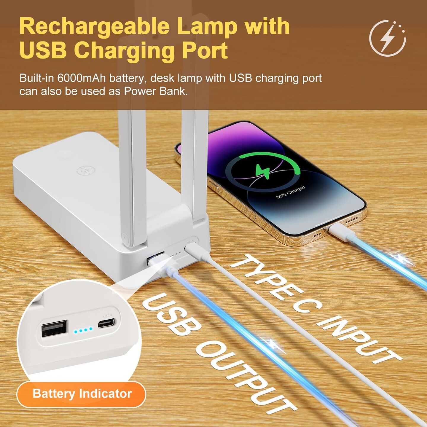 Rechargeable Lamps Cordless Lamps,6000mAh Small Battery Operated Lamp,3 Colors+Dimmable Desk Light,Small Desk Lamp with USB Charging Port+Timer,Battery Operated Lights,Wireless Lamp &#x26; Portable Light
