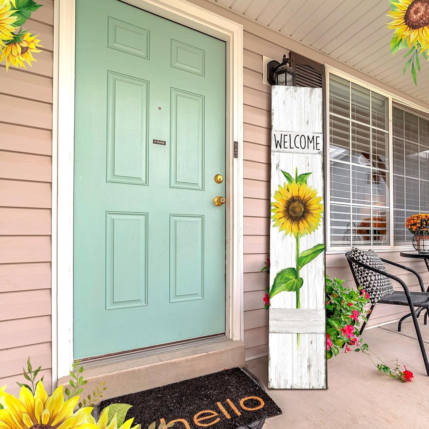 Spring Summer Porch Sign Sunflower Wooden Welcome Sign for Front Porch Standing Vertical Sign Rustic Spring Decor with White Background for Farmhouse Door Decoration, 42&#x22; H