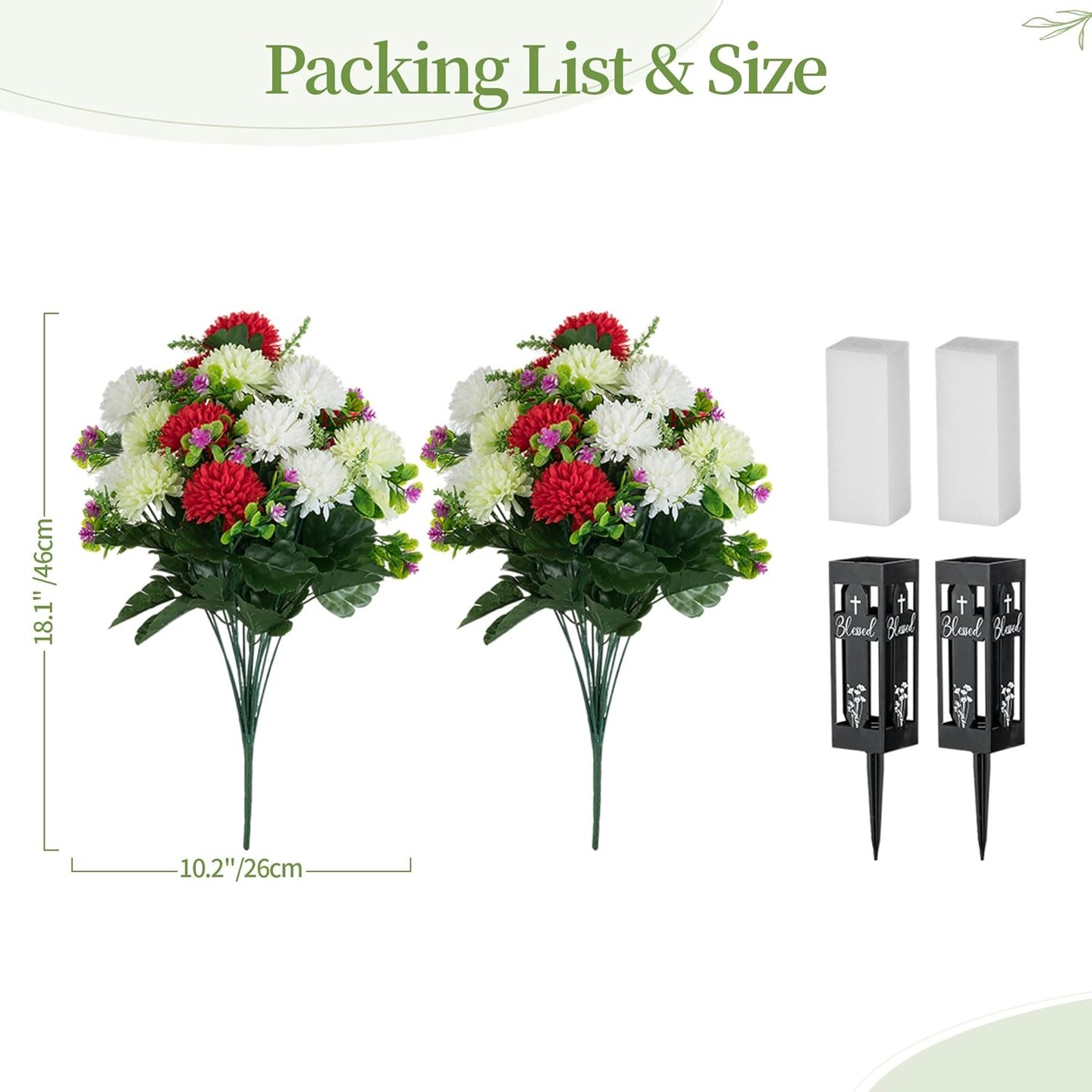 Artificial Cemetery Flowers for Grave – 2 Pcs, 18-Head Fake Mums with Vases, Spring Memorial Decorations for Outdoor Graves