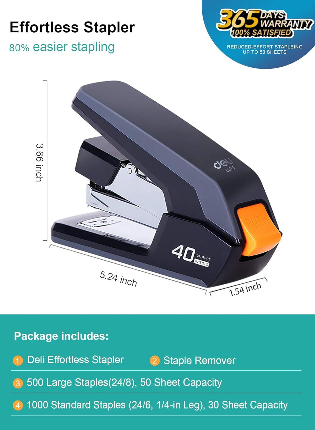 Effortless Desktop Stapler, 40 Sheet Capacity, One Finger Touch Stapling, Easy to Load Ergonomic Heavy Duty Stapler, Includes 1500 Staples and Staple Remover