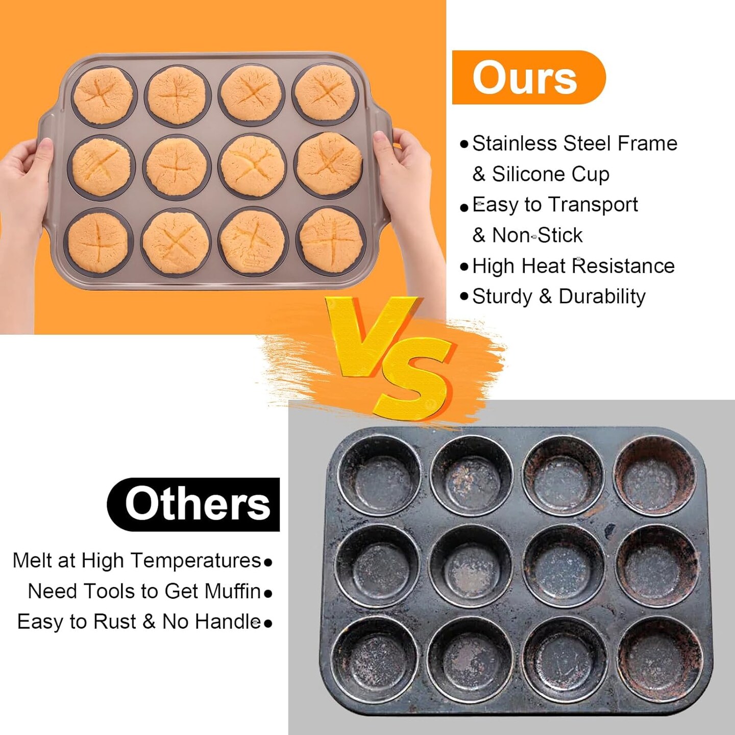 Silicone Muffin Pan with Metal Frame, 12 Cups Silicone Muffin Pan - Nonstick Cupcake Pan 1 Pack Regular Size Silicone Mold for Baking, Muffin Tins Easy to Pop Bakeware for Oven, Golden Gray