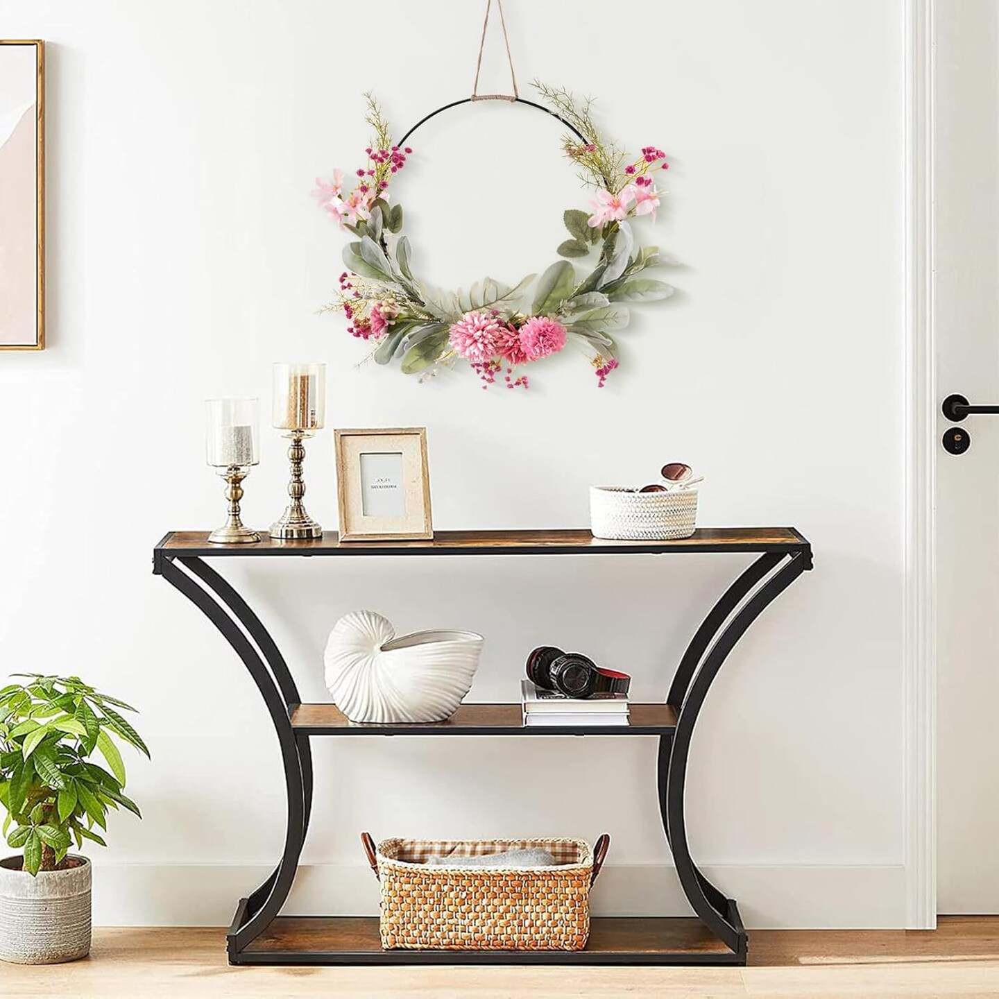 Floral Hoop Wreath Decor with Purple Spring Flowers Green Leaves