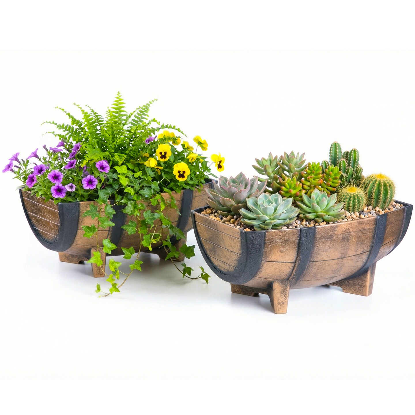 Rustic Wood- Look Plastic Half Barrel Flower Pot Garden Planter, Pack of 2