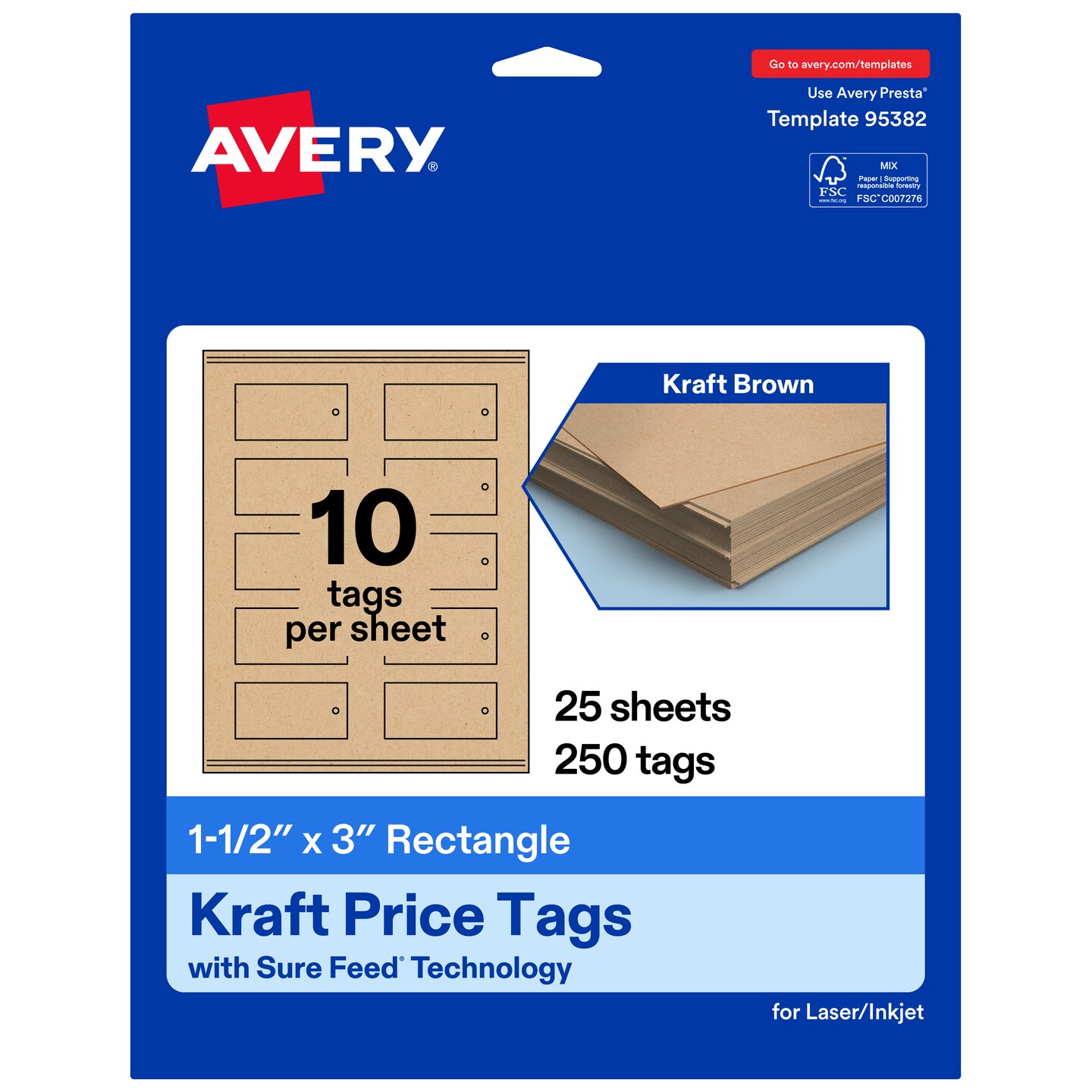 Avery Printable Rectangle Price Tags, Sure Feed Technology, 1-1/2" x 3", Matte Kraft Brown Cardstock, Print-to-The-Edge, Laser/Inkjet Printable, 100 Total