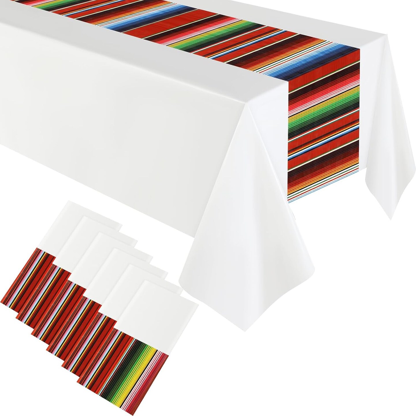 6-Pack Mexican Fiesta Tablecloth 54x108in – White Striped Plastic Party Table Cover