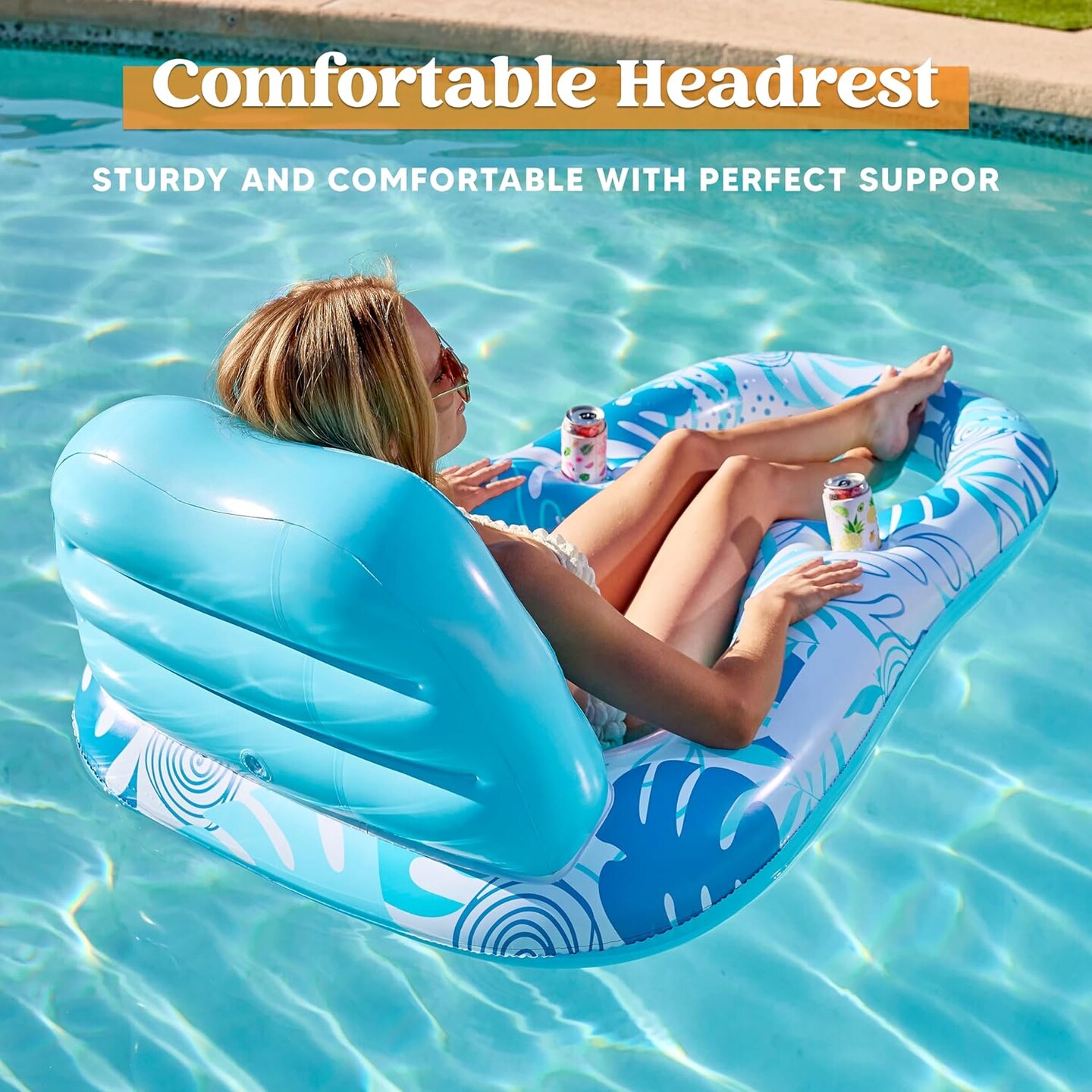 Inflatable Pool Floats Lounger Adult, Pool Float Lounge Raft Floaties Water Floating Recliner Chair with Cup Holders Foot Rest Swimming Floaty
