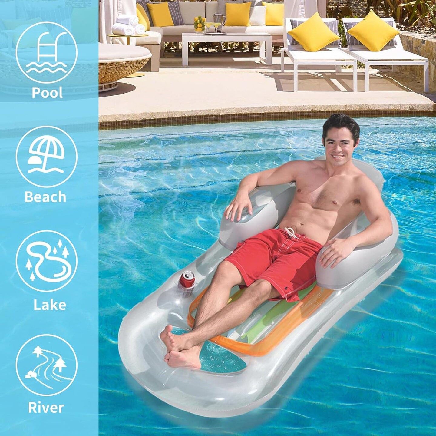 Premium Recliner Pool Lounger Float,Tanning Pool Float with Backrest and Cup Holder,Inflatable Pool Floats Adult with Fast Inflation,Swimming Mattress for Summer,Beach,Swimming Pool