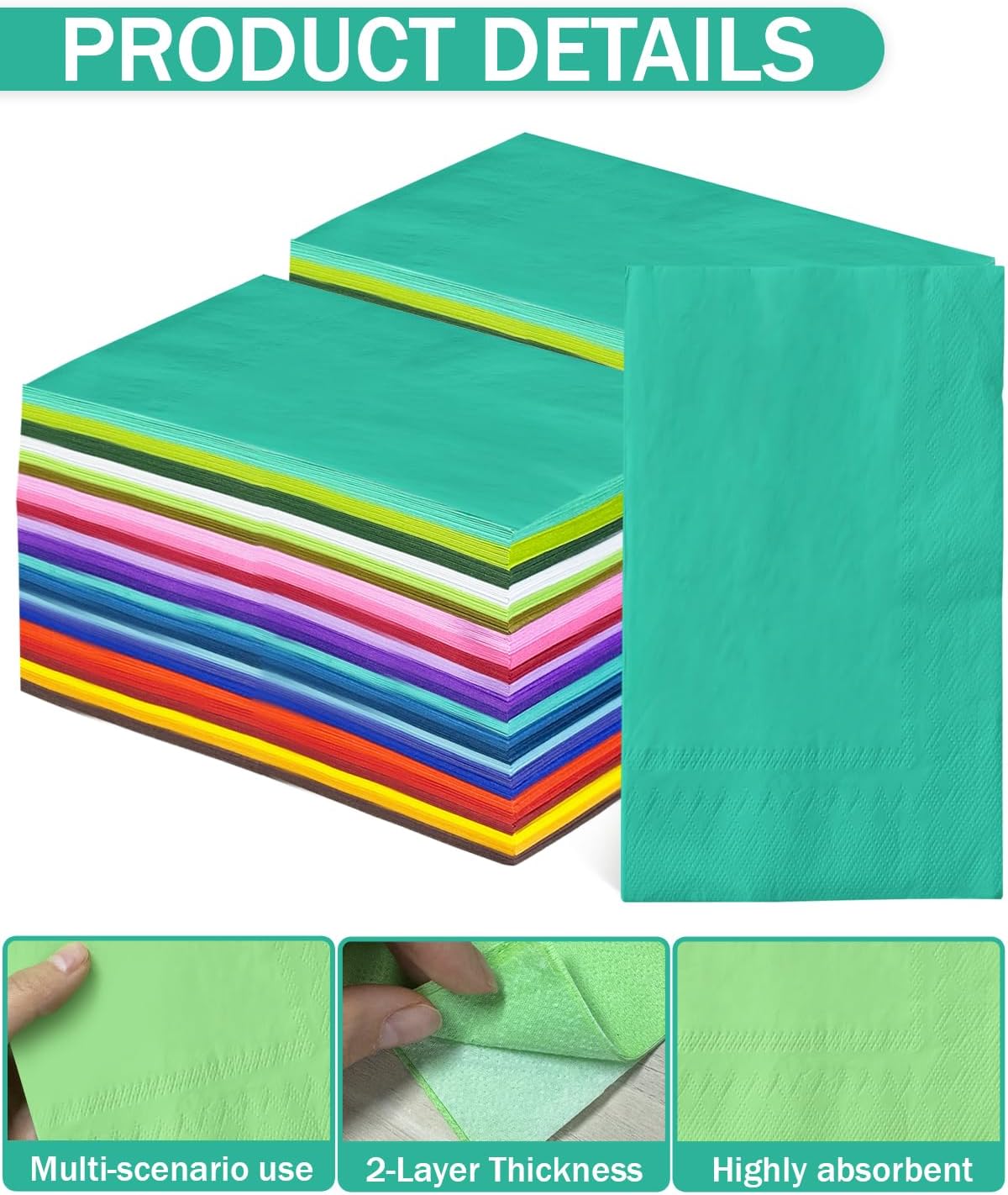 120-Pack Disposable Paper Napkins, 24 Colors, 13×16 in, Soft & Absorbent