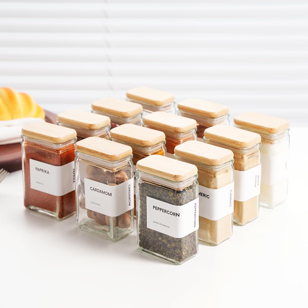 Glass Spice Jars with Labels, 4oz Glass Jars with Bamboo Lids, Square Spice Jars with Labels, Empty Spice Bottles for Seasoning Organizer, Spice Drawer Organizer, 12 Pack (White)