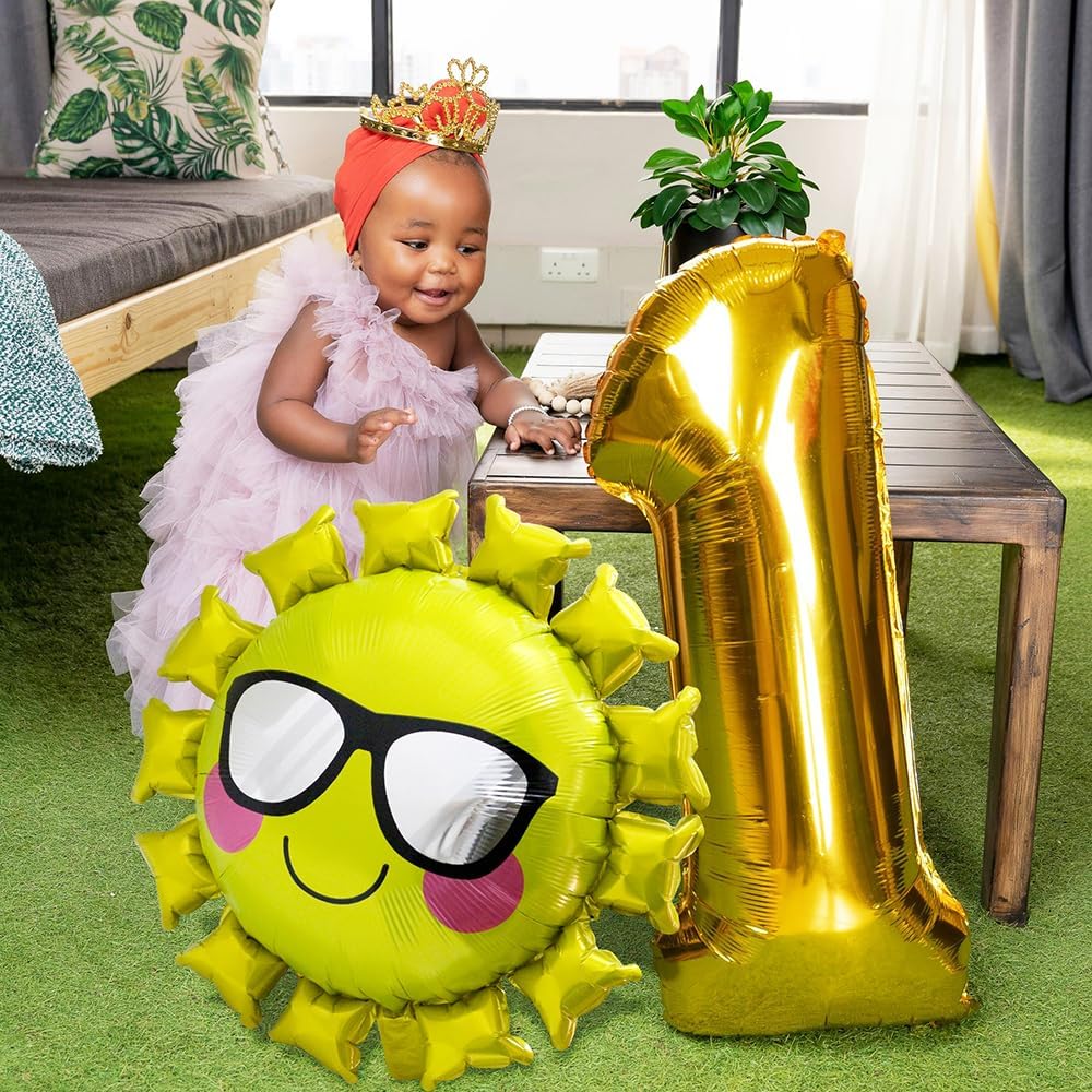 Jumbo Cool Smile Face Sun With Sunglasses Balloons, Unique Gold Sunshine Cute Sun Helium Mylar Balloon For Summer Theme Party