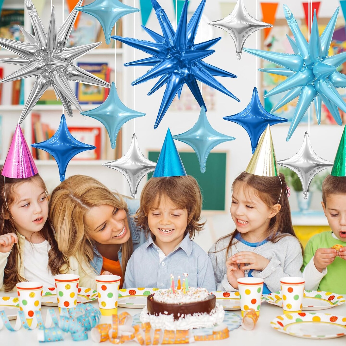 Blue Silver Star Balloons,Explosion Star Balloons Kit with 6Pcs 22Inch Cone Star Foil Balloons and 10Pcs 10Inch Four Pointed Star Balloons
