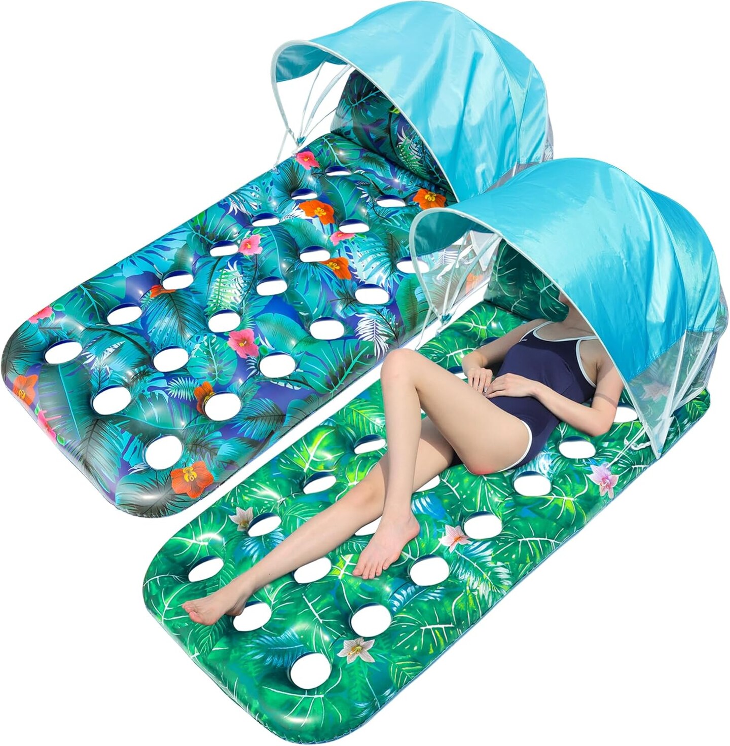 Pool Floats with Canopy Adults - 2 Pack Large Pool Lounger Float with Headrest, Shade, Inflatable Pool Float Raft for Sunbathing Water Lounge Floaties Pool Parties