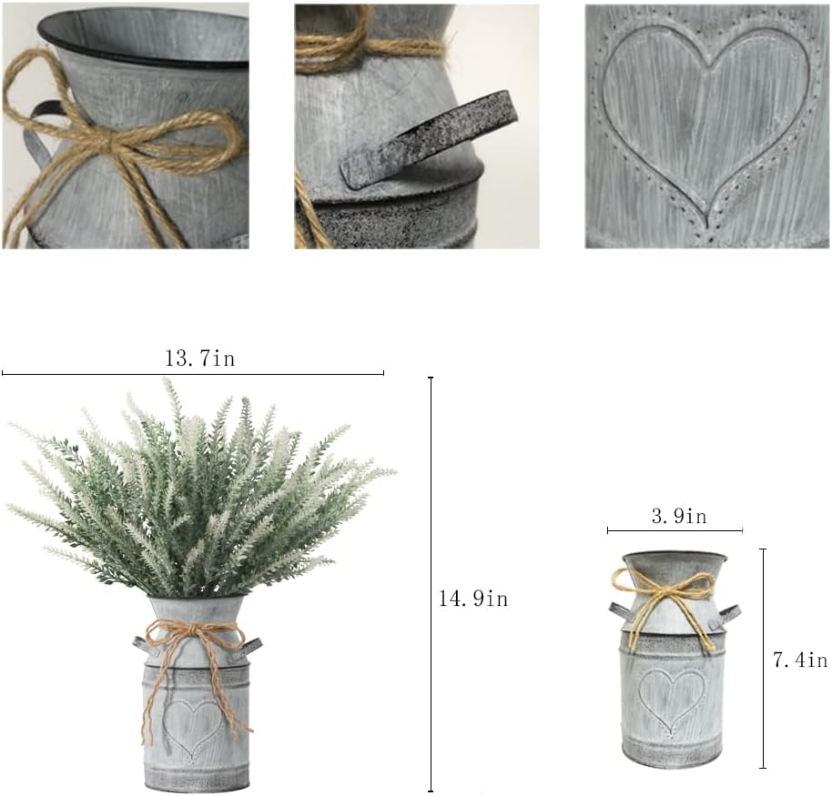 Rustic Artificial Lavender in Metal Vase – Vintage Farmhouse Décor for Home & Office
