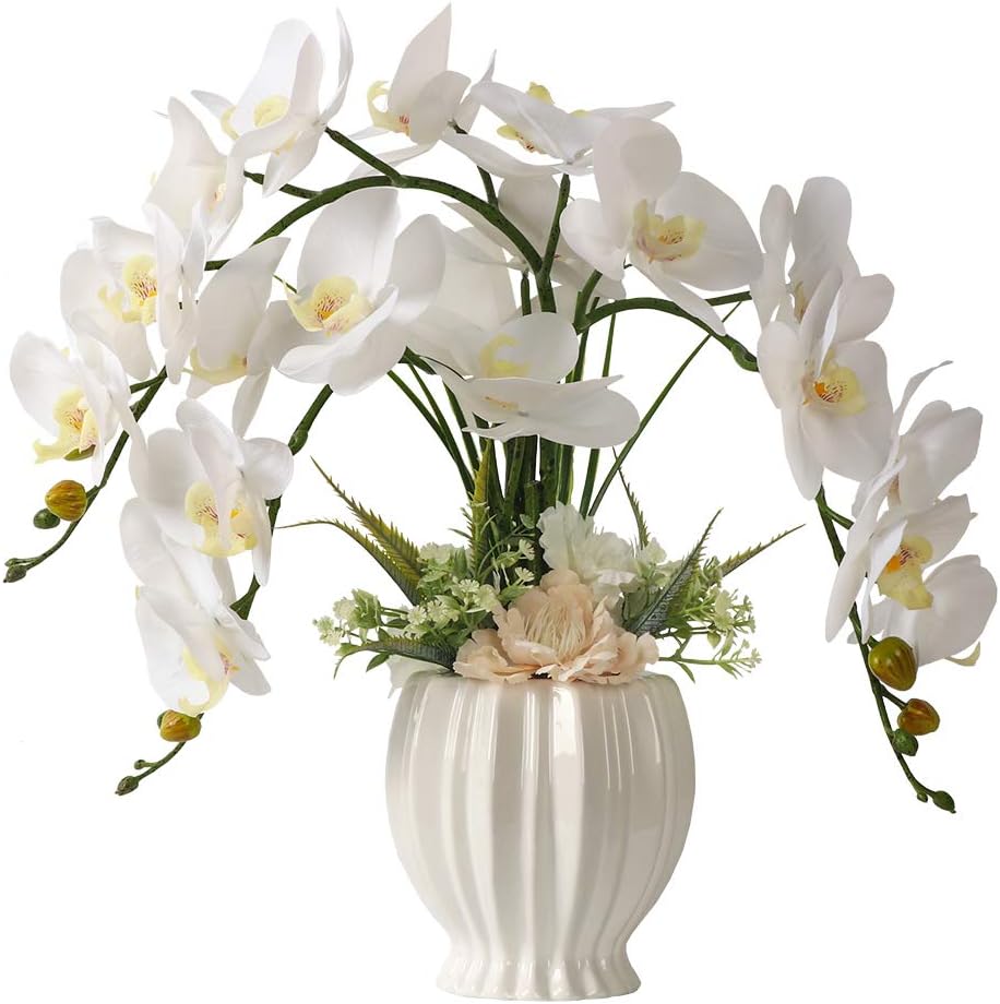 Artificial Orchid in White Vase – Elegant Faux Flowers for Home & Office