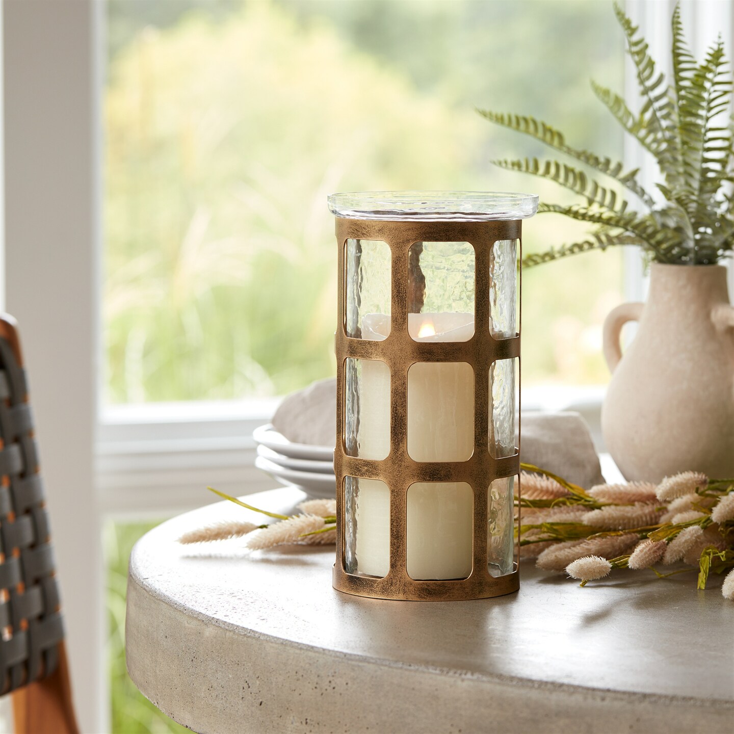 Melrose Wavy Glass Candle Holder with Metal Framed - 10&#x22; - Gold