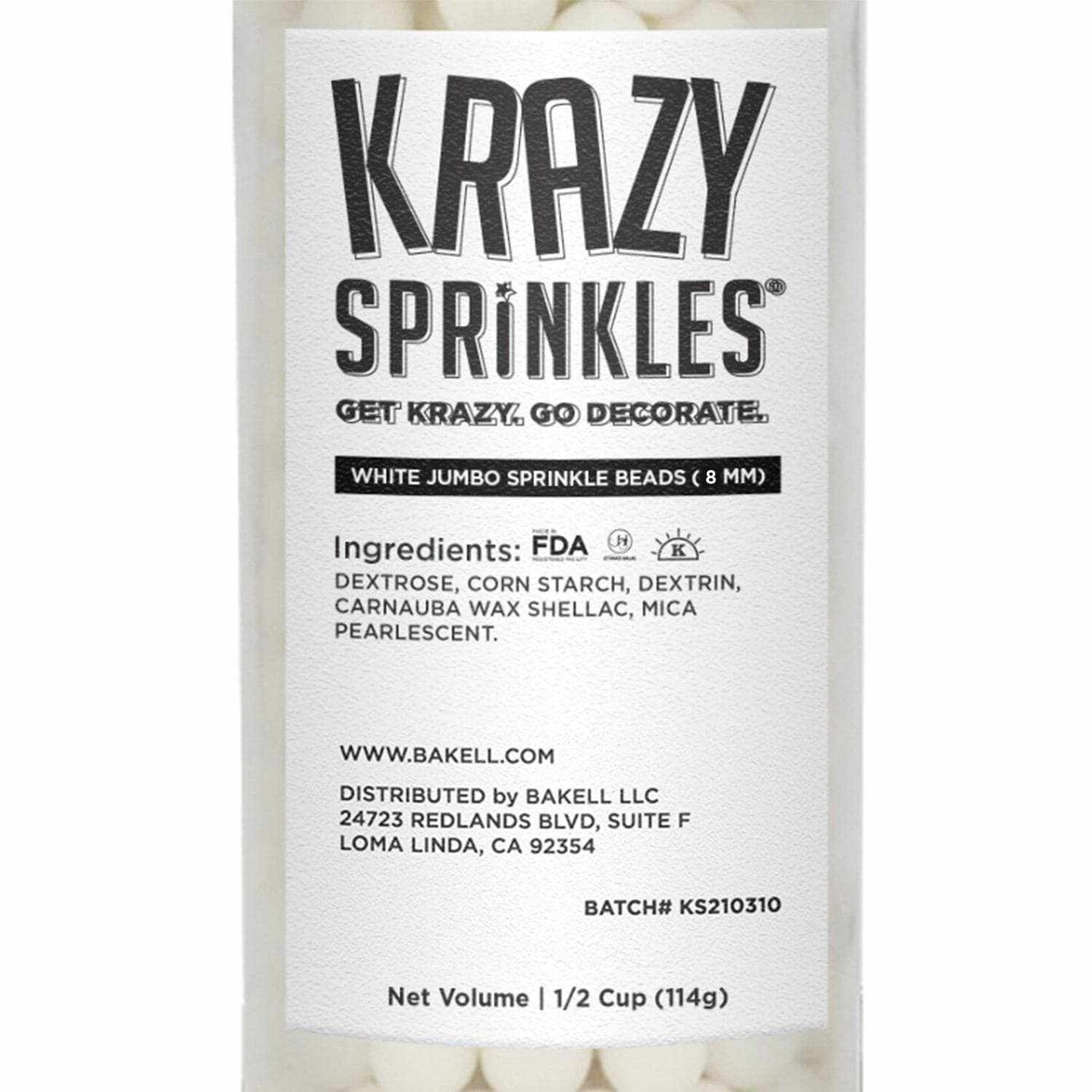 Krazy Sprinkles - White 8mm Beads (1/2 Cup, 1x Jar) for Cakes, Ice Cream & Cookies