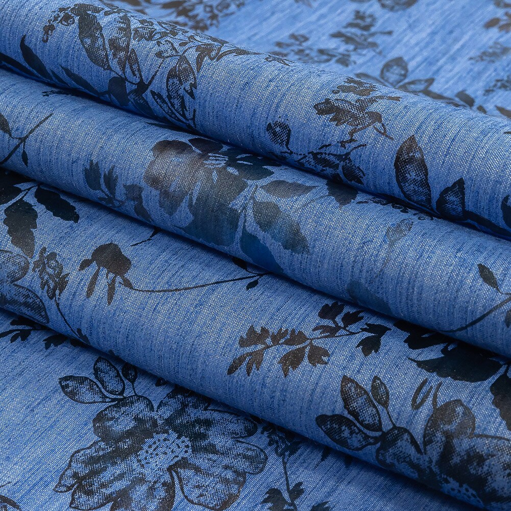 1 Yard Bright Blue Gray Foiled Flowers Striated Stretch Cotton Woven Fabric