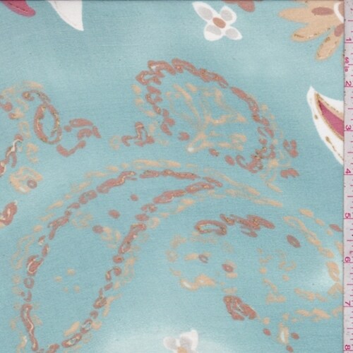 Dark Turquoise Floral/Paisley Silk Chiffon Fabric By the Yard
