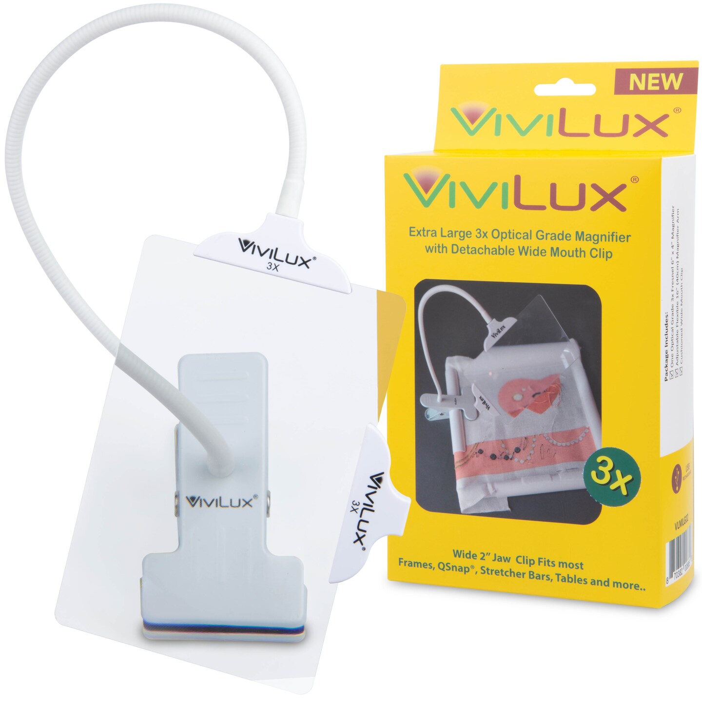 ViviLux Optical Grade 3X Magnifier, Large 6"x4" Clip-On Lens, Flexible Arm for Hands-Free Precision, Attach to Task Lamps, Hobby Desks, Sewing Stations