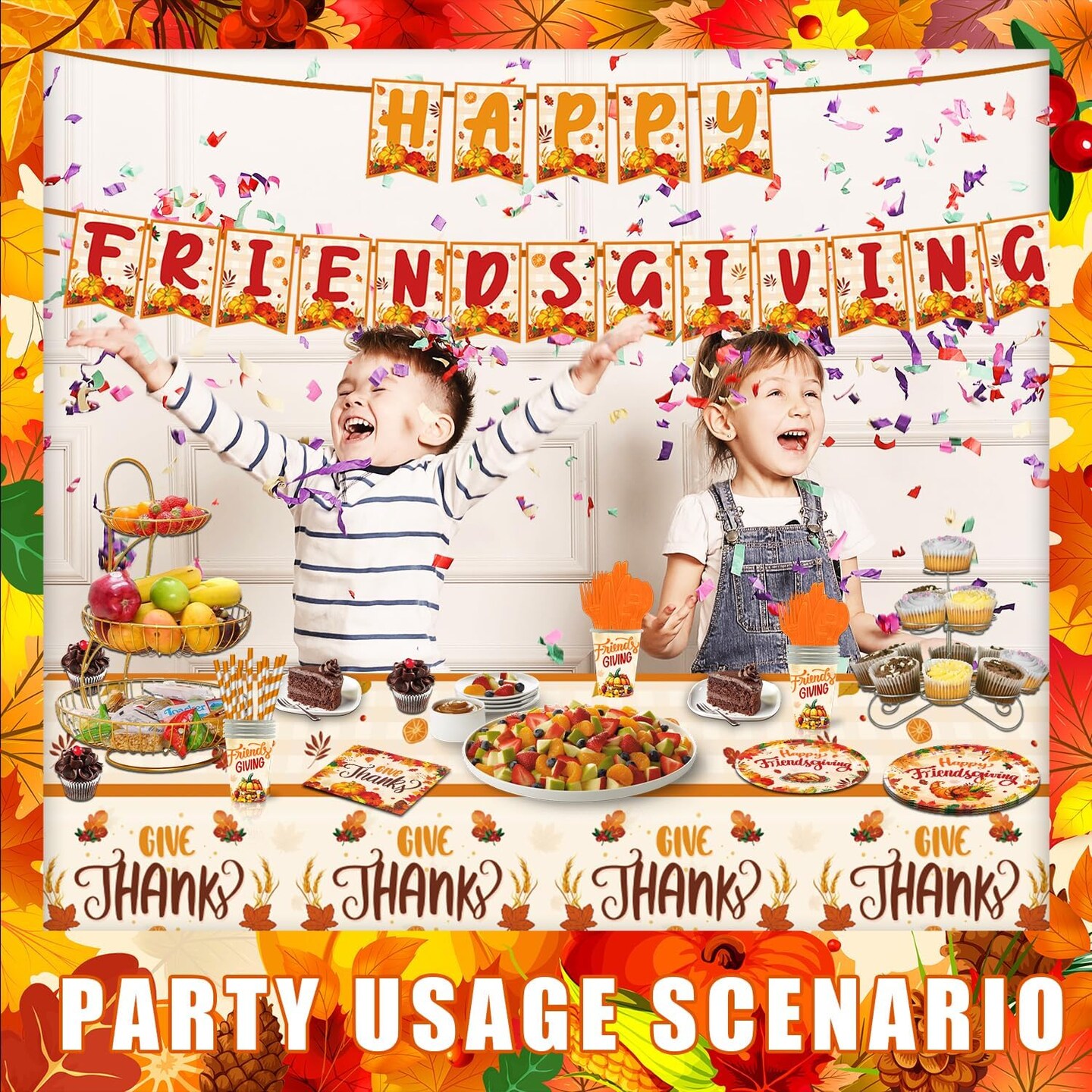 Thanksgiving Party Tableware Set - Plates, Tablecloth, Garland Banner, Cutlery - Serves 25 Guests
