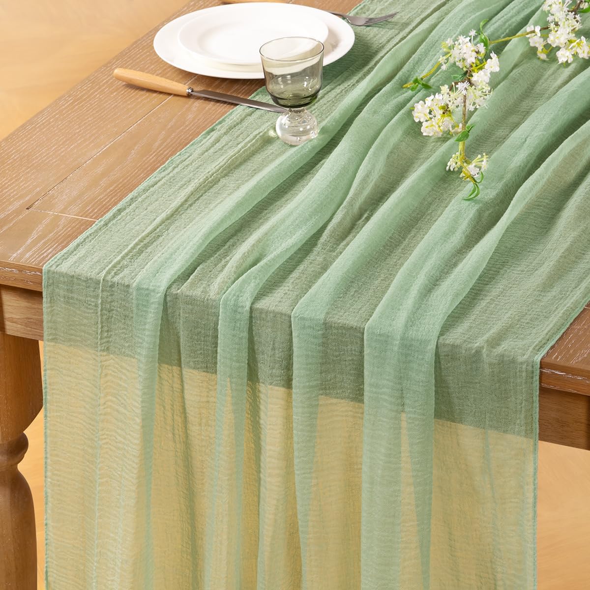 Sage Green Cheesecloth Table Runner Fall Thanksgiving Table Runner 120 inches