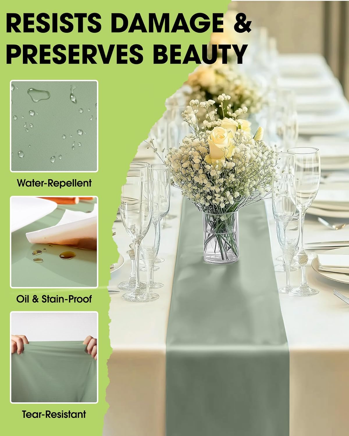 Sage Green Plastic Table Runners - 10 Pack, 14'' x 108'', Water Resistant & Disposable(Sage Green)108"L x 14"W