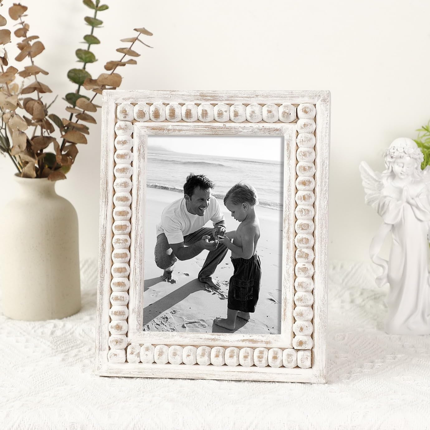 Whitewashed Wooden 5x7 Picture Frame with Beaded Design &#x2013; Rustic and Boho Style
