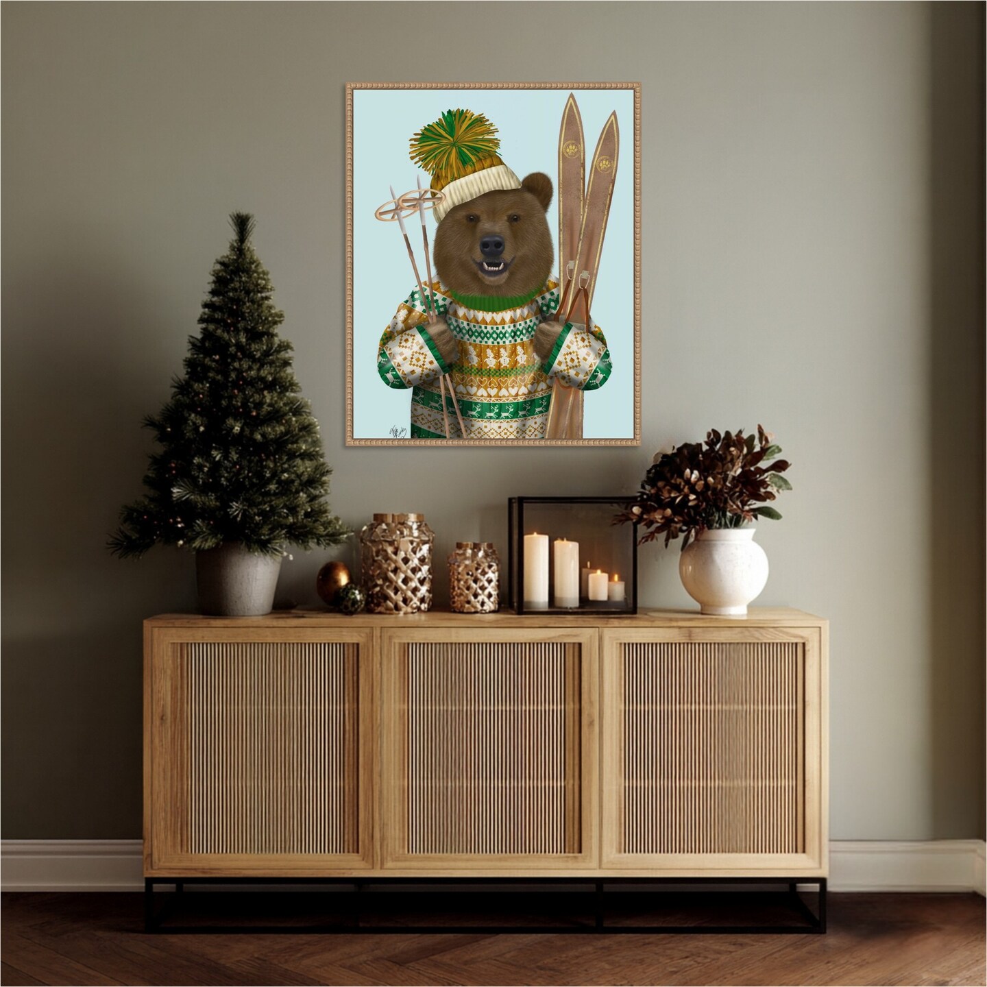 Bear in Christmas Sweater by Fab Funky 23-in. W x 28-in. H. Canvas Wall Art Print Framed