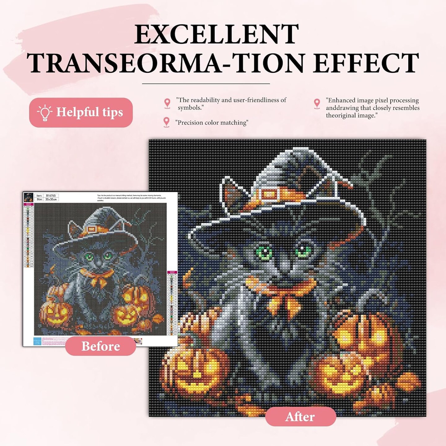 Halloween Diamond Art Kits for Adults, Black Cat Diamond Painting Kit for Beginners(14x14 Inch)