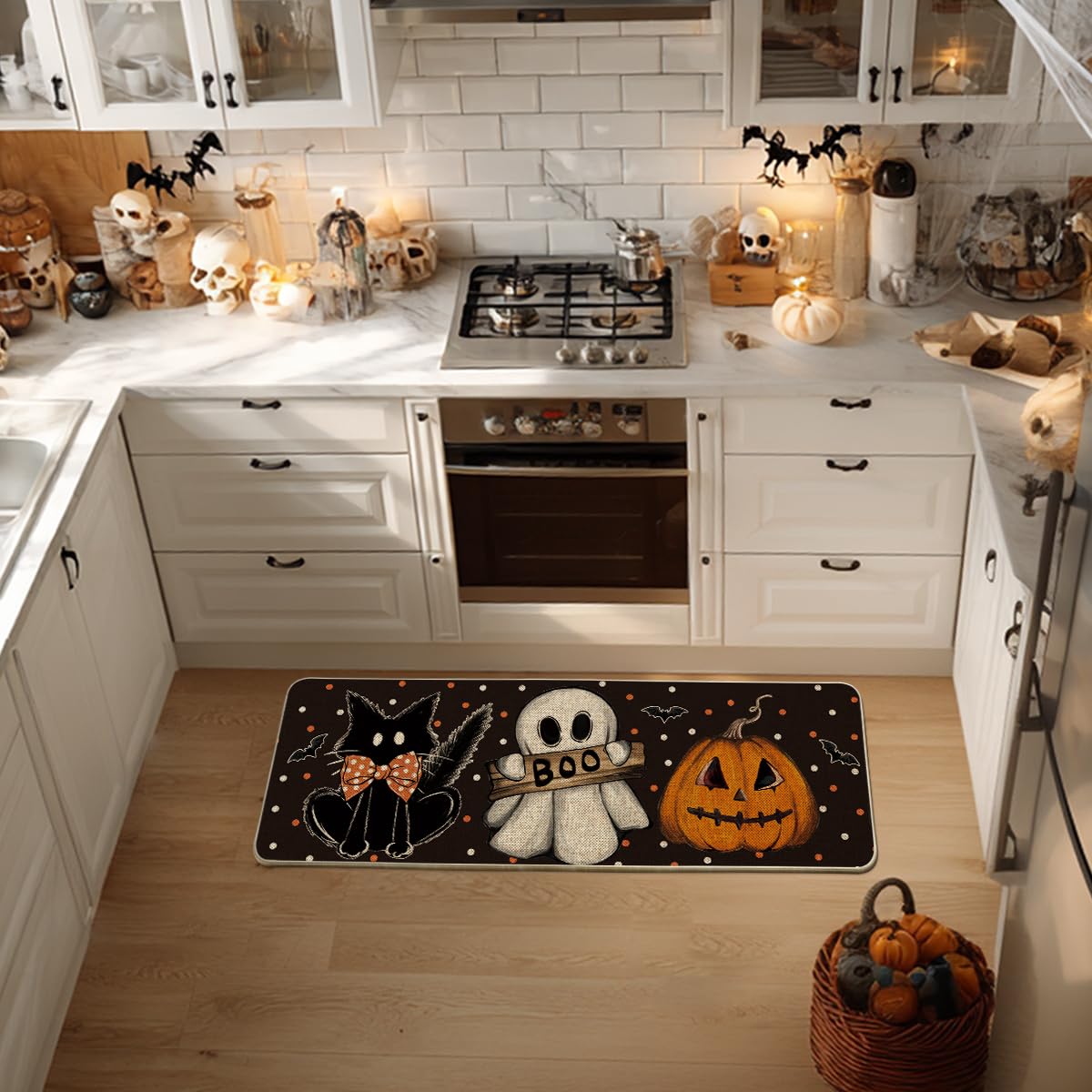 Artoid Mode Black Cat Jack-O&#x27;-Lantern Ghost Pumpkins Halloween Doormat, Seasonal Low-Profile Floor Switch Mat for Indoor Outdoor 17x47 Inch