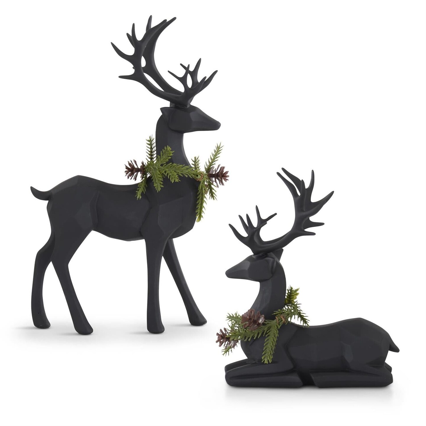Set of 2 Matte Black Modern Deer with Pine Wreaths &#x2013; Contemporary Christmas D&#xE9;cor