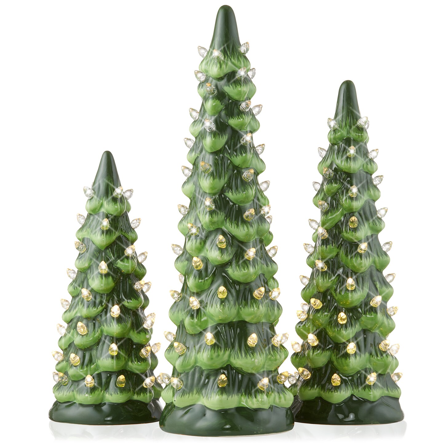 Casafield Set of 3 Hand Painted Ceramic Christmas Tree - Pre-Lit 8, 10, 12-Inch Trees with Lights