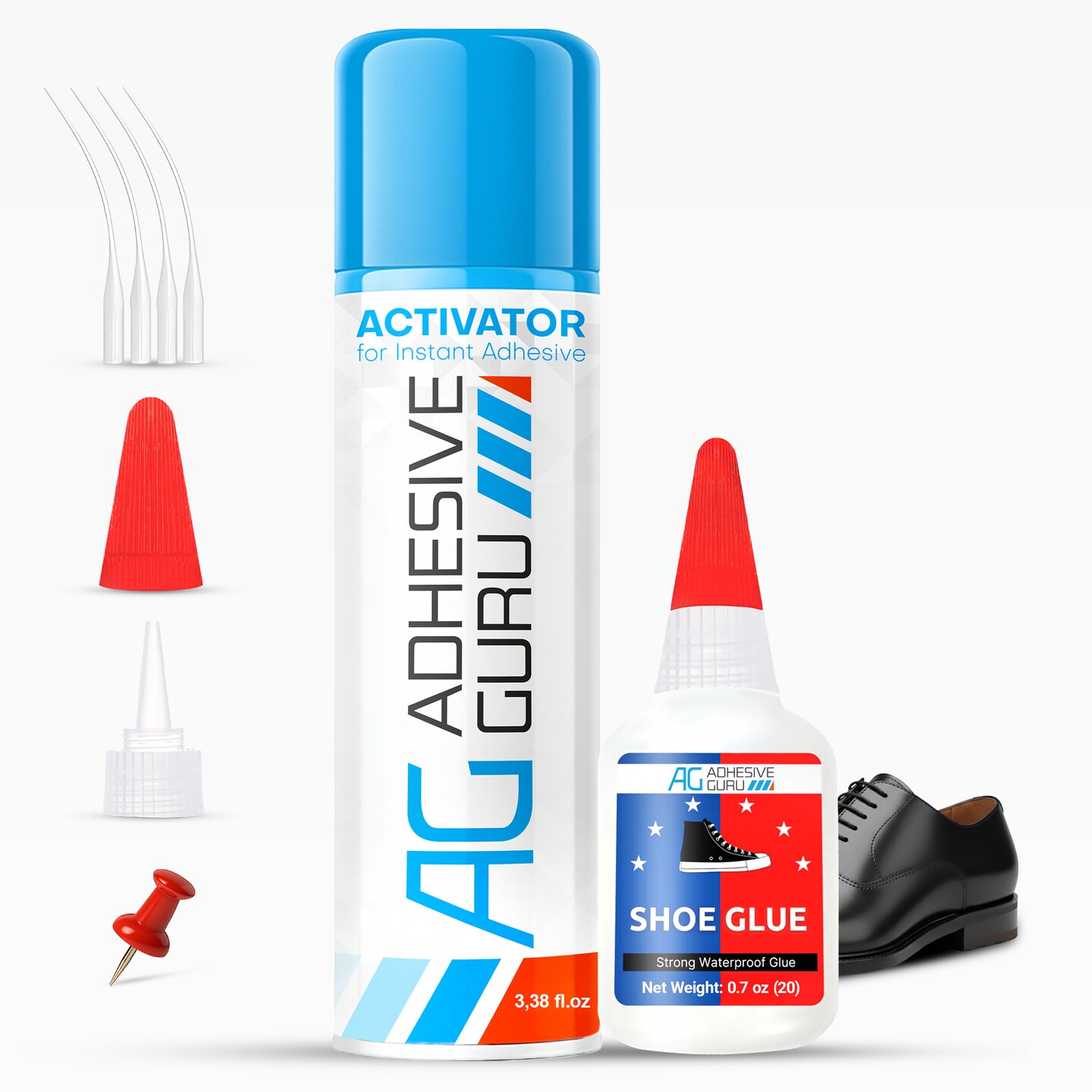 AG Shoe Repair Kit – Shoe Glue 0.7 oz. Clear CA Glue & Activator Spray 3.38 fl oz Fast-Drying for Rubber, Leather, Soles