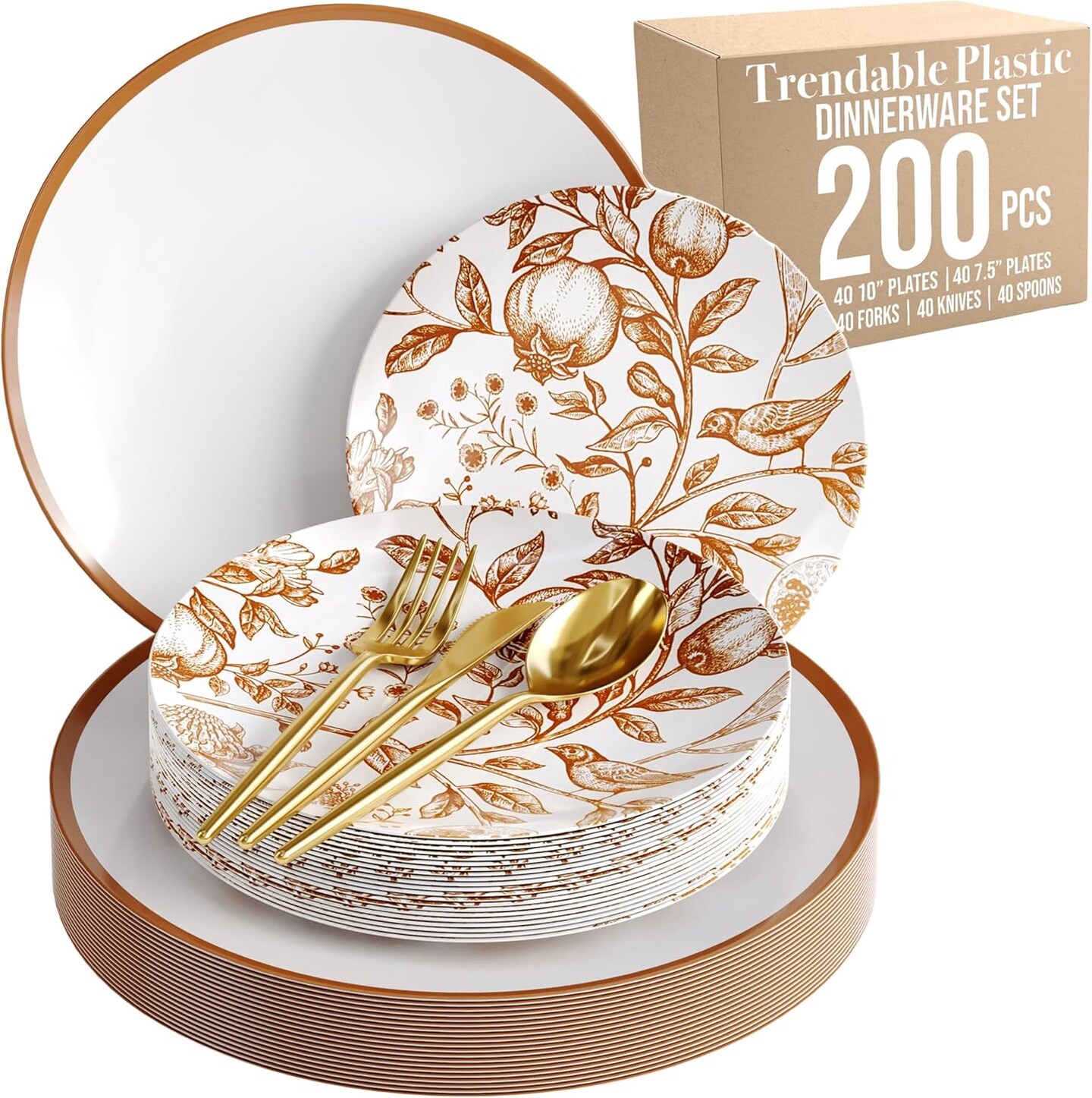 Trendables Fancy Plastic Dinnerware Sets Gold Silverware Disposable 20 X 10 Inch Charger Plates 20 X 8 Inch Dessert Plates 20 x Gold Plastic Forks and Spoons Knives