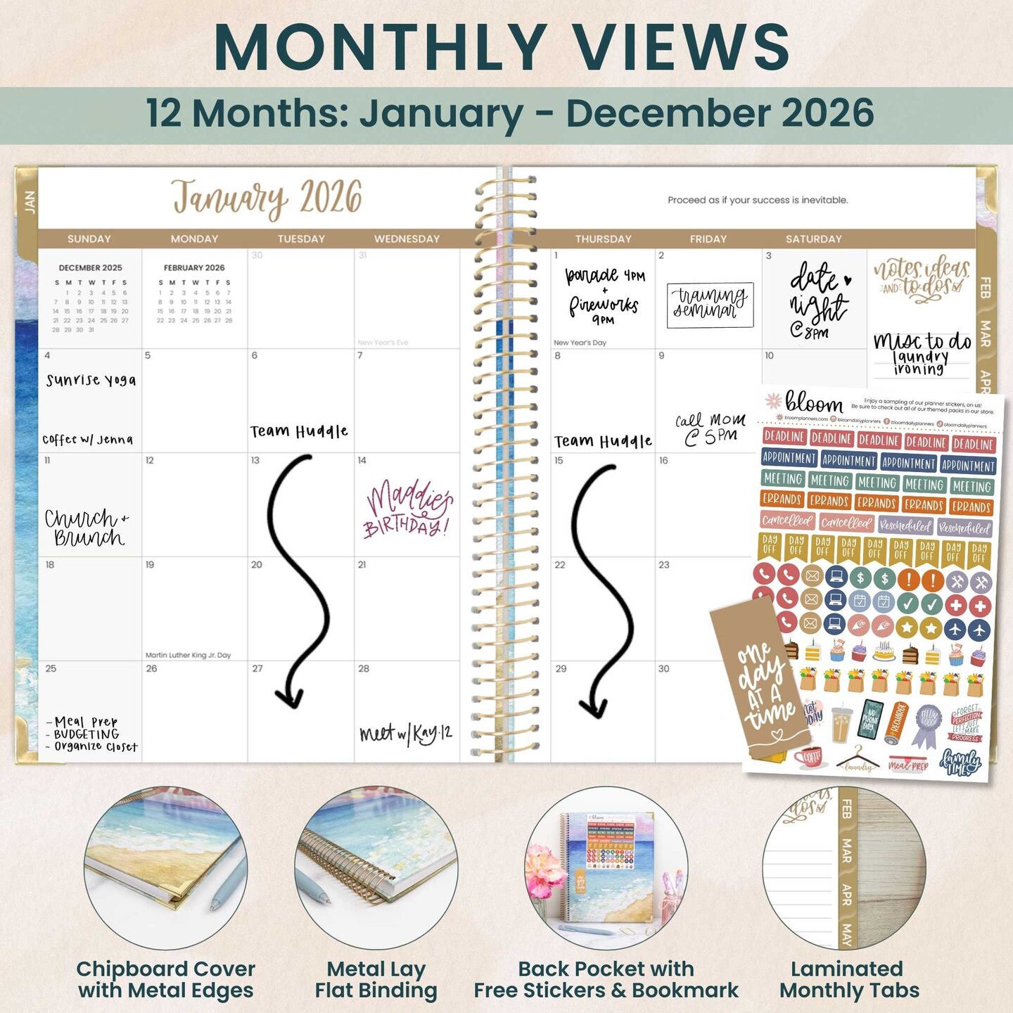 bloom daily planners 2026 Hard Cover Weekly &#x26; Monthly Planner, 8.5&#x22; x 11&#x22;, Coastal Calm